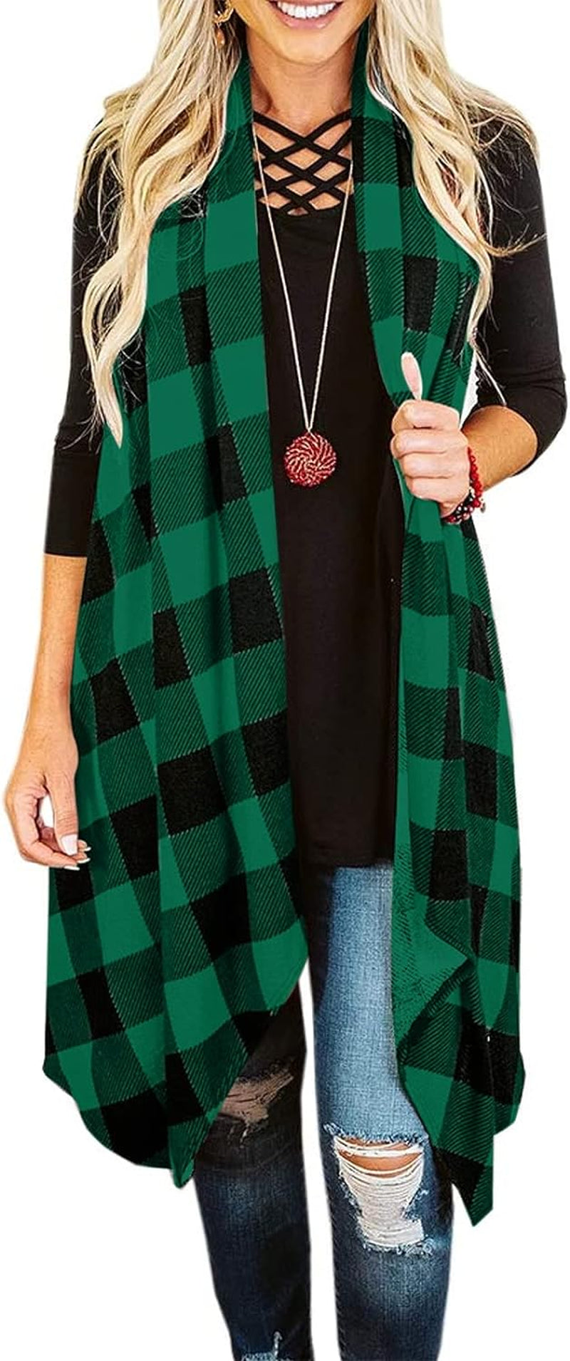 Womens Plaid Open Front Sweaters Sleeveless Duster Cardigans Drape Lightweight Vest Coat with Pockets